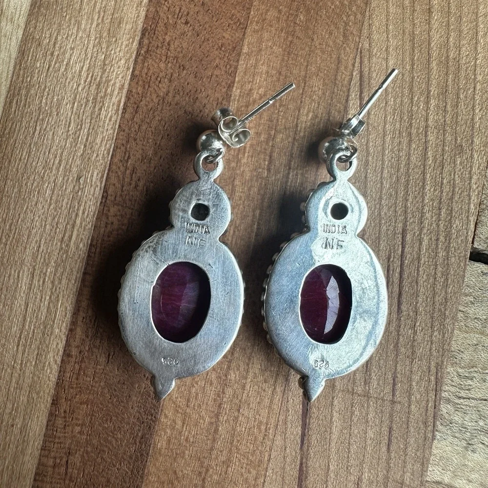 Vintage Artisan Stud Dangle Earrings 1.3 Inch Ruby Pearl 925 Sterling 10.4g‎